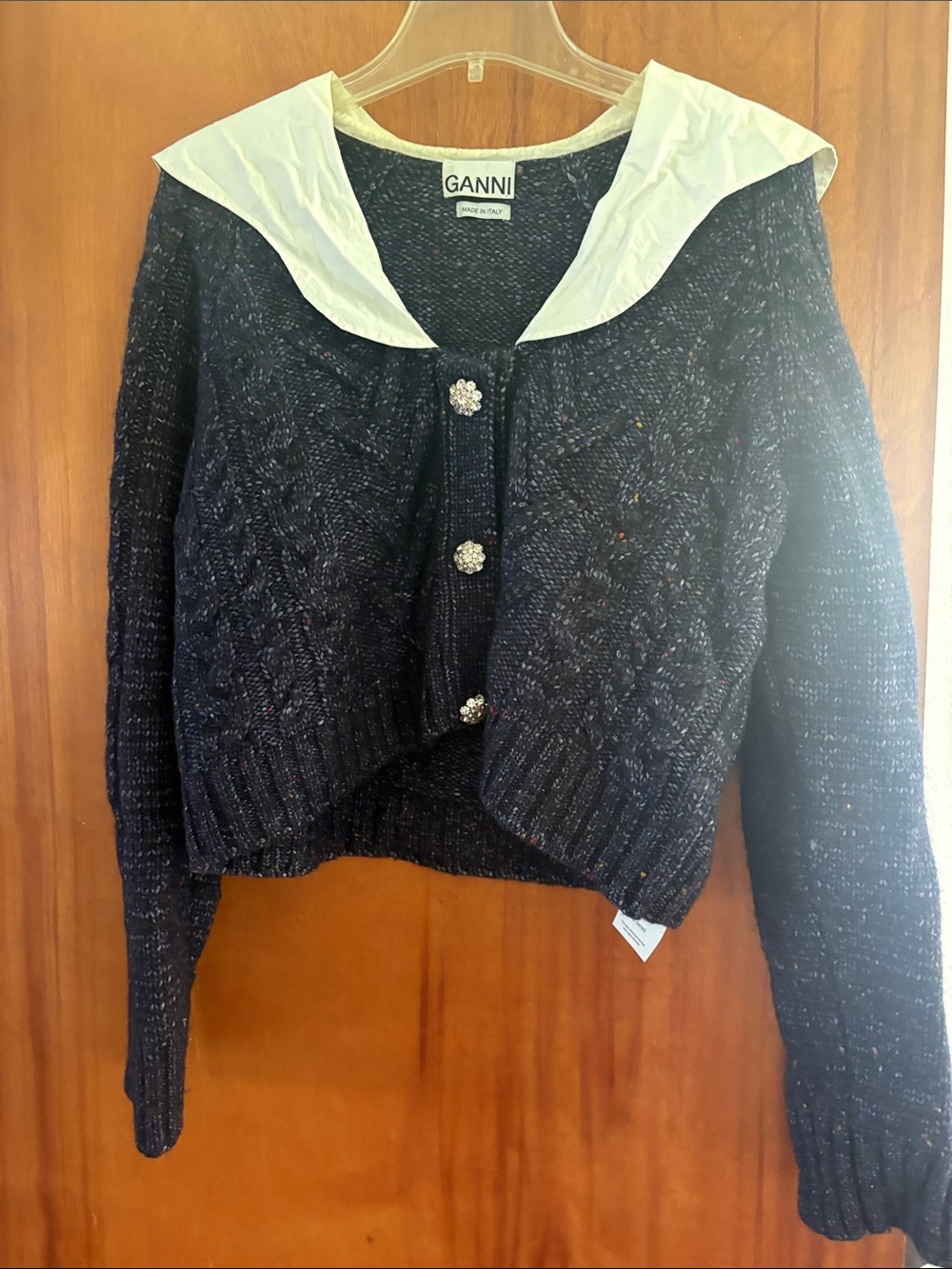 Ganni Navy Cardigan with White Sailor Collar and Crystal Buttons